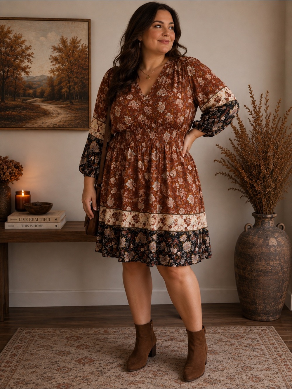 Sandra Darren Rust Floral Boho Midi Dress 20W Smocked Waist Fall Plus Size